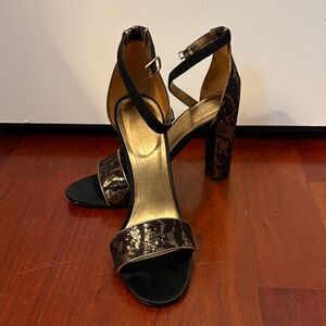 Marc Fisher Black and Gold Glitter Strappy Heels